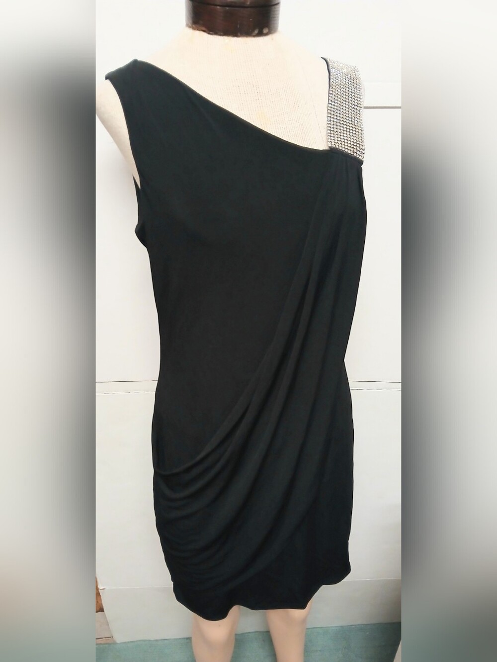 Karina Black One-Shoulder Dress with Embellished Strap Size 6 Women's